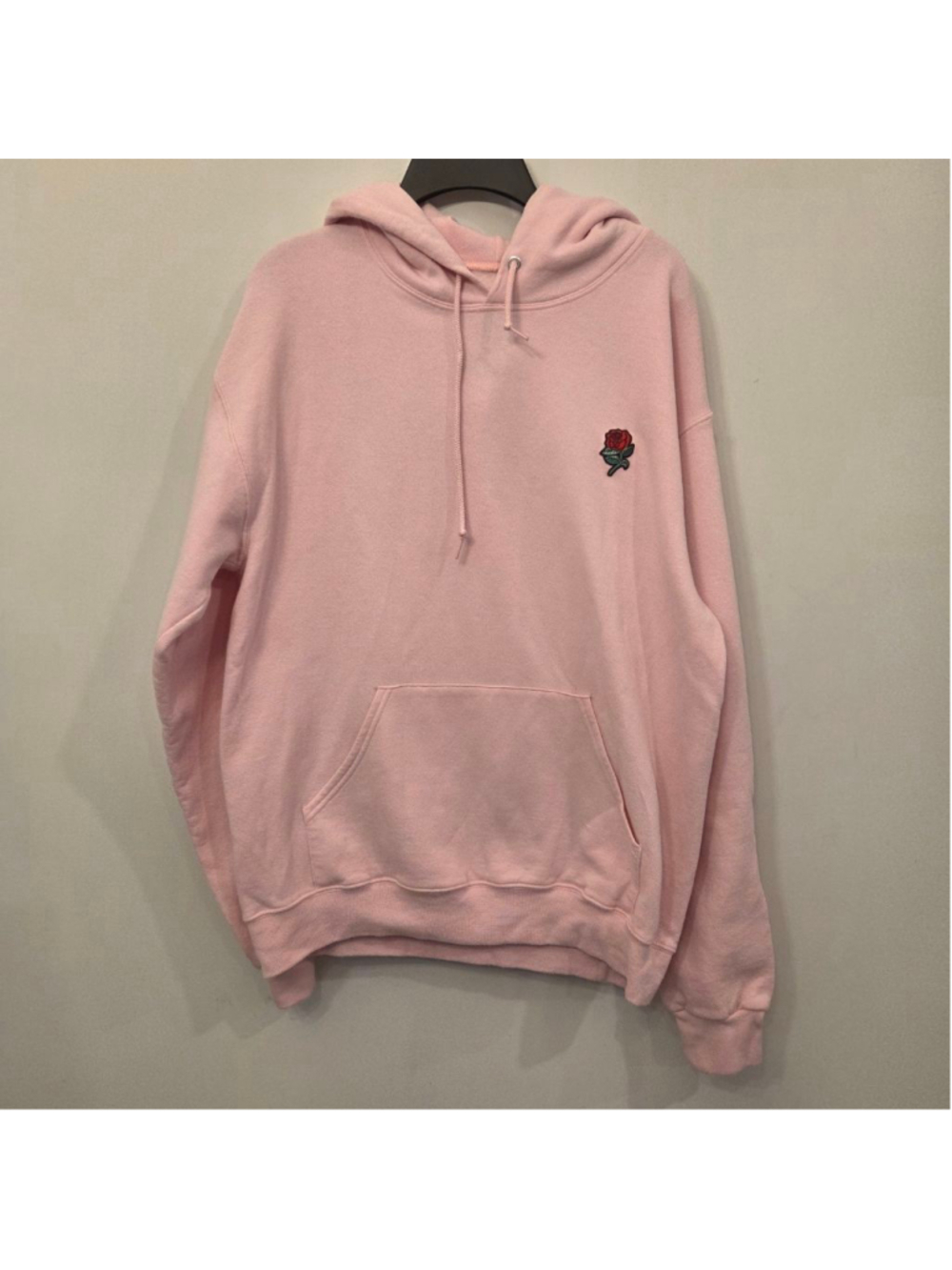 Men's Bowery Supply Co. Pink Hoodie with Red Rose Patch, Size Medium